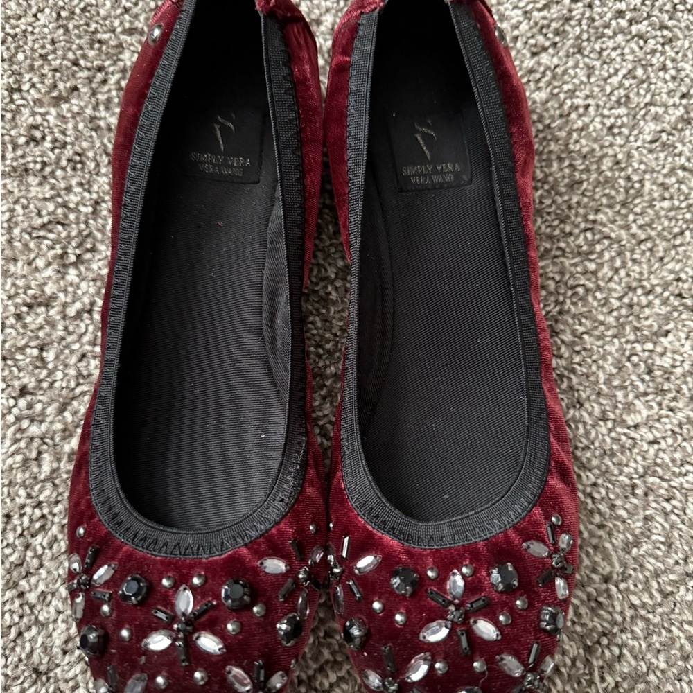 Simply Vera Vera Wang Burgundy Velvet Jeweled Ballet Flats